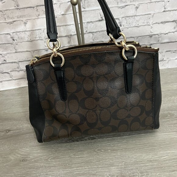 COACH Brown/Black Signature Coated Canvas Leather Mini Christie Carryall F36718 - Picture 2 of 10